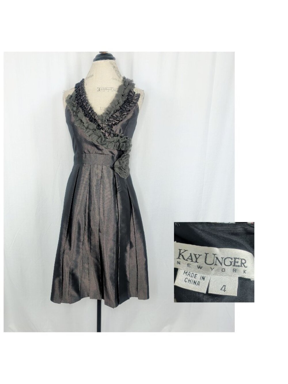 Kay Unger Black Dress 4 Small Fit Flare Organza  Metallic